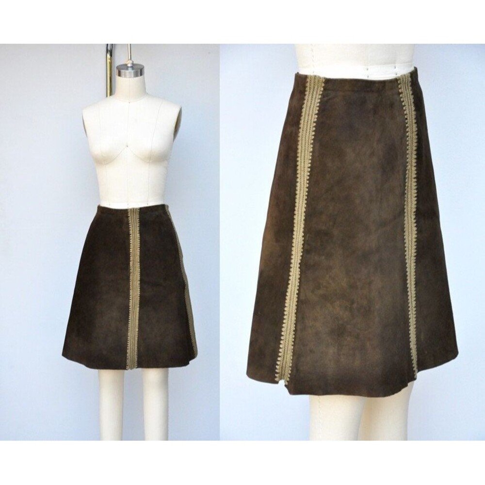 Vintage High Waisted Leather Skirt and Crochet Panels - Boho Hippie 70s 80s XS